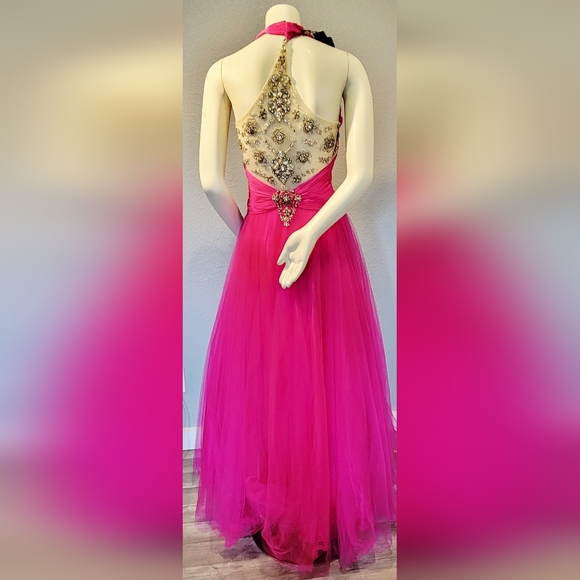 Terani Couture Fushia Halter Gown Dress S10 With Nude Push Up And Garment Bag - Picture 12 of 16